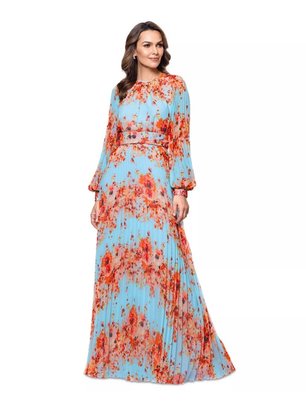 NWT Betsy & Adam Floral-Print Blouson-Sleeve Pleated Gown Multi Womens Size 4
